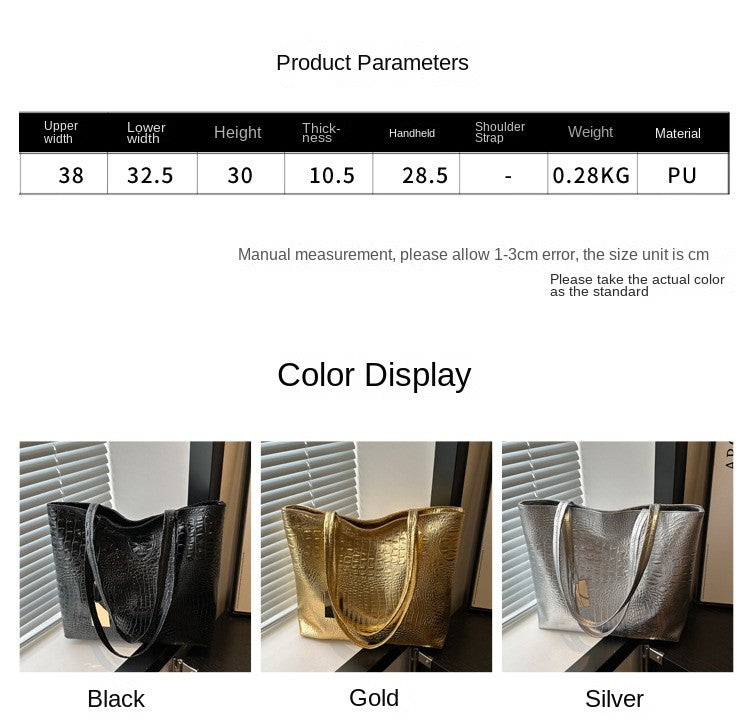 Fashion Casual Women Shoulder Bags Silver Gold Black Crocodile Handbag PU Leather Female Big Tote Bag Ladies Hand Bags Sac