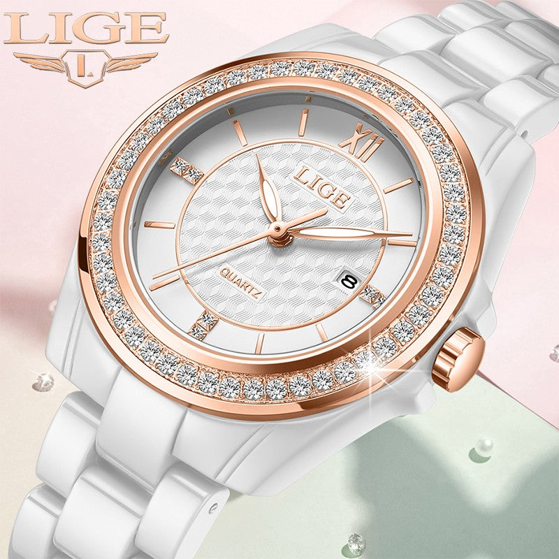 LIGE Fashion Quartz Watch for Women Stainless Steel Ceramics Strap Waterproof Women's Watches Elegant Luxury Ladies Wristwatch