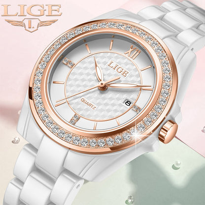 LIGE Fashion Quartz Watch for Women Stainless Steel Ceramics Strap Waterproof Women's Watches Elegant Luxury Ladies Wristwatch