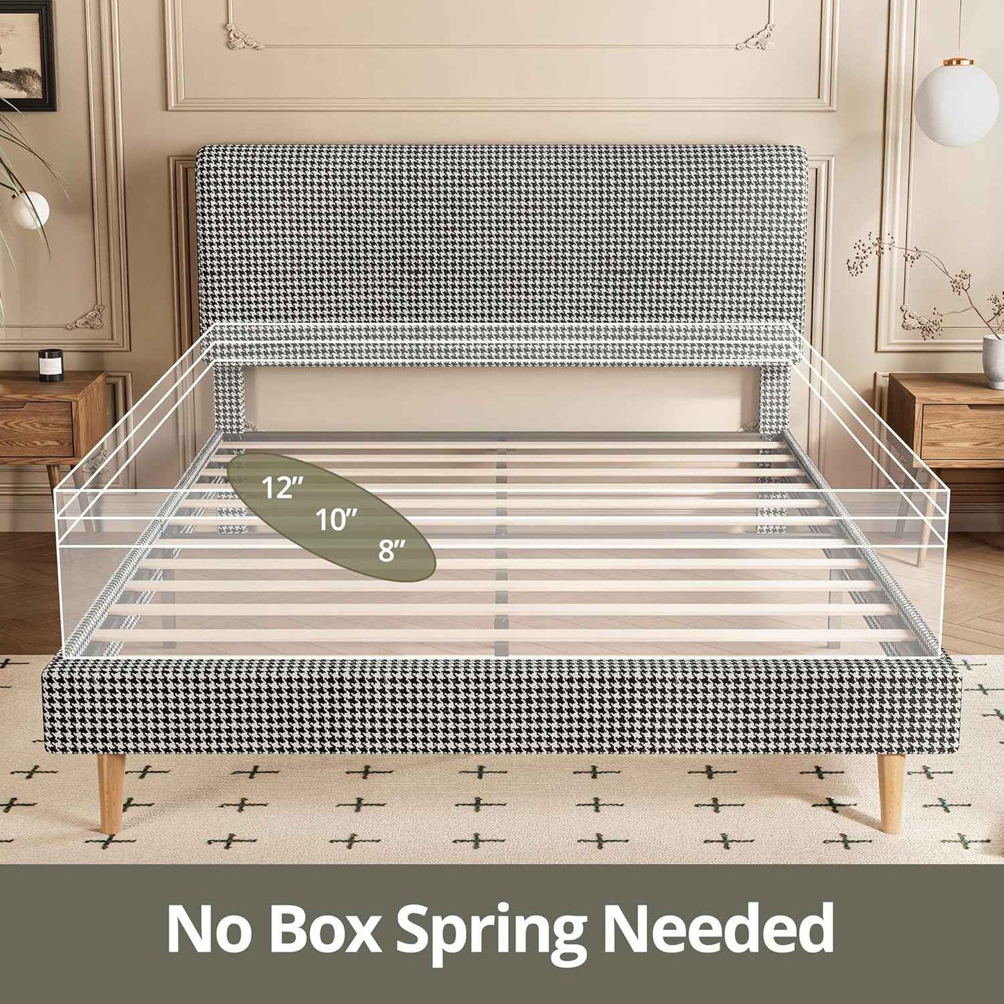 Cama Queen com Estrutura e Cabeceira, Base para Colchão Totalmente Estofada em Algodão, Suporte com Estrados de Madeira, Sem Ruído, Não Precisa de Box