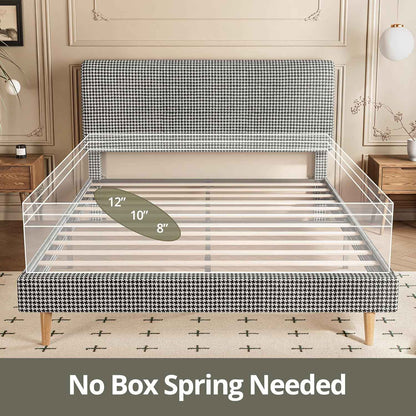 Cama Queen com Estrutura e Cabeceira, Base para Colchão Totalmente Estofada em Algodão, Suporte com Estrados de Madeira, Sem Ruído, Não Precisa de Box