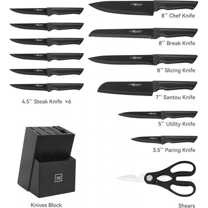 Conjunto de Facas, 15 Peças Conjunto de Facas de Cozinha com Bloco Autoafiável, Lavável na Lava-louças, 6 Facas de Carne, Cabo Antiderrapante, Preto
