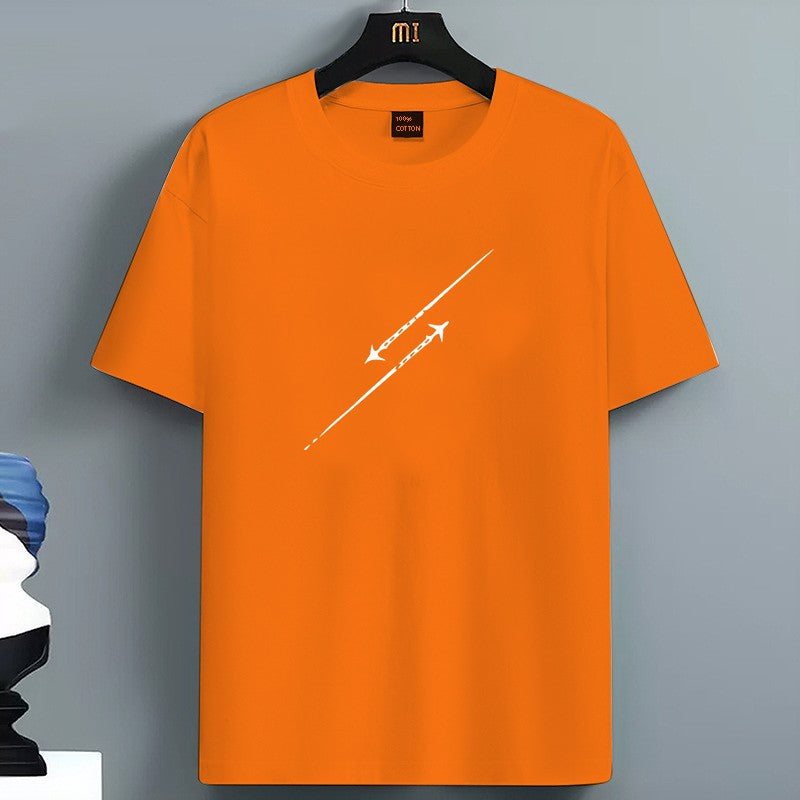 Men's Summer 100 Pure Cotton Fashionable Casual Loose Minimalist Airplane Pattern Printed Round Neck Short Sleeved T-shirt Top