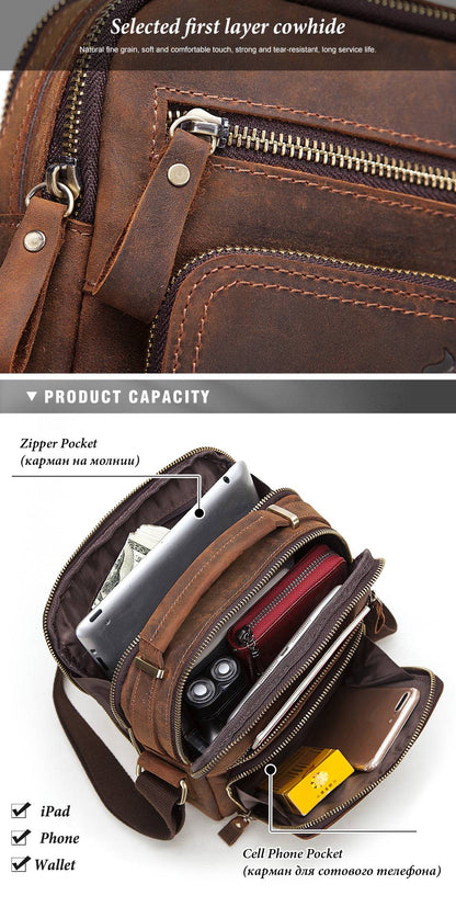 HUMERPAUL Genuine Leather Men's Shoulder Bag Vintage Cross Bags Large Capacity Male Messenger Tote Bag Travel Bolso Hombres