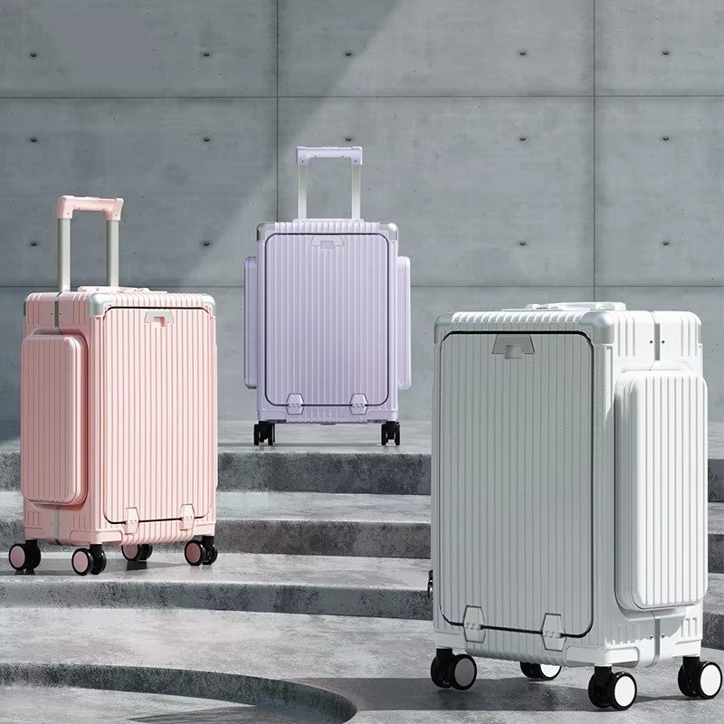 Tri-Zone Access Opening Suitcase Aluminum Frame PC Material Travel Case with Spinner Wheels Cup Holder TSA Lock Rolling Luggage
