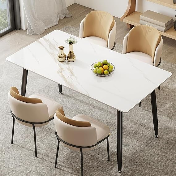 Modern Rectangular White Laminate Marble Sintered Stone Dining Table with Metal Legs for Indoor and Outdoor Kitchen Use