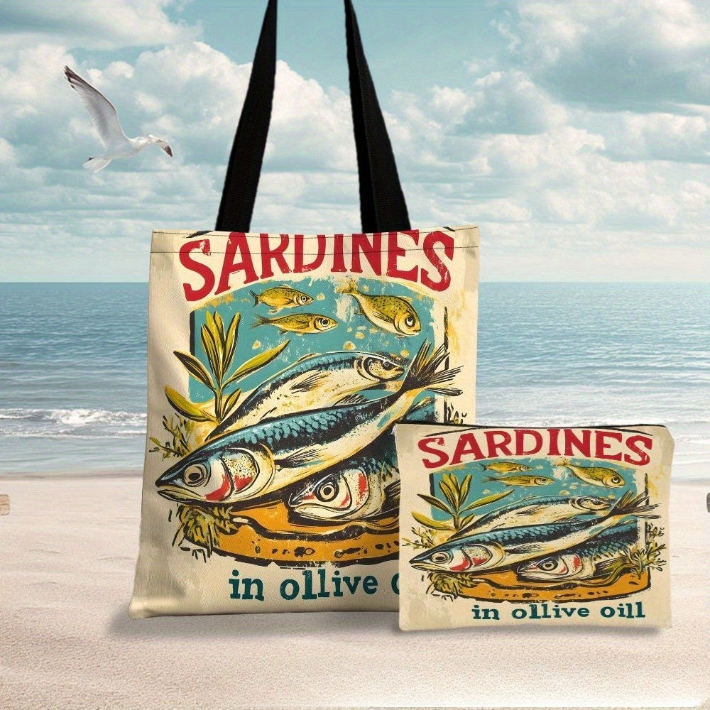 Sardine in Olive Oil Art Tote Bag, Beach Bag with Makeup Bag Multi-functional Shopping Bag, Shoulder Bag, Travel Toiletry Bag