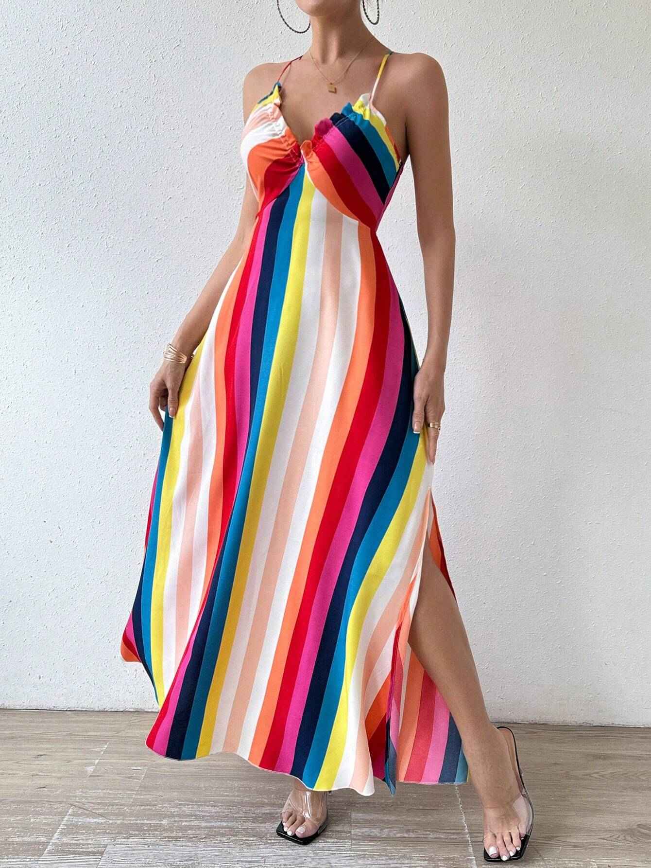 Women's Summer Ethnic Pattern Backless Split Thigh Dress Ladies Summer Clothes Boho Fashion Frill Trim Long Dress for Beach