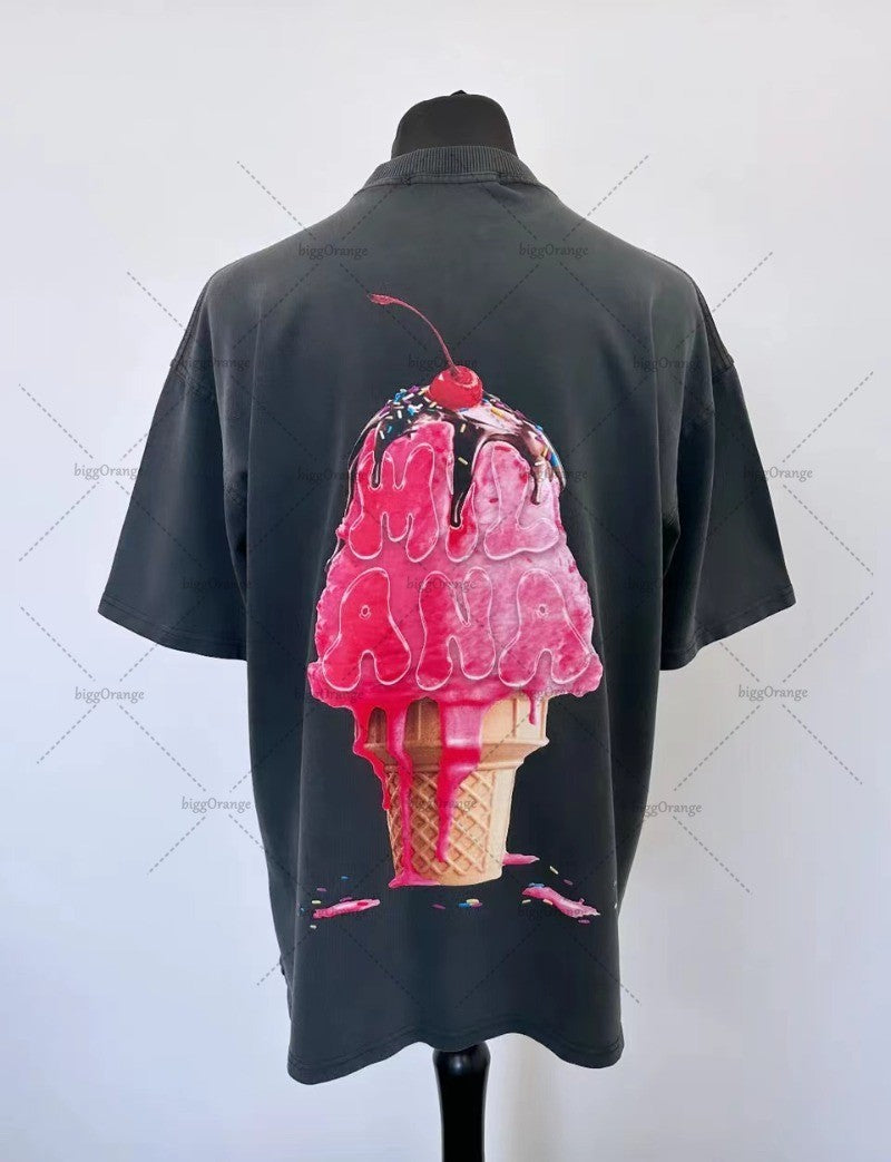 2025 summer new Harajuku street style ice cream print short sleeve cotton T-shirt men Y2k top Gothic style loose couple shirt