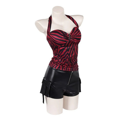 Obsession Nikki Costume Cosplay Outfit Zebra Halter Top Faux Leather Cargo Shorts Punk Streetwear Halloween Carnival Disguise