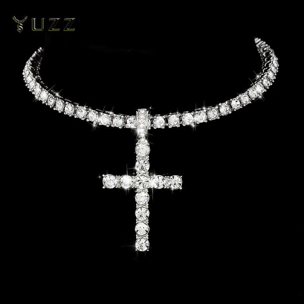 Colar com Pingente de Cruz Iced Out Hip Hop Alça Corrente de Tênis de Zircônia de 4mm Masculino Feminino Colar Brilhante Joia Punk Presente de Moda