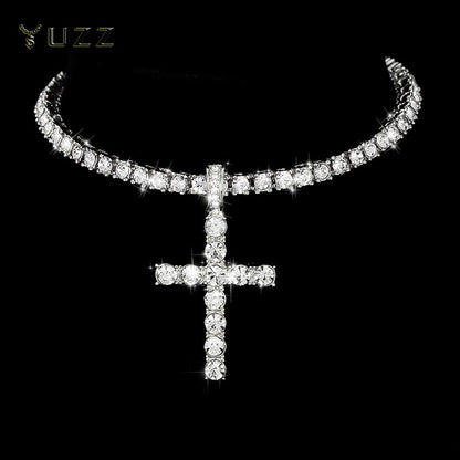 Colar com Pingente de Cruz Iced Out Hip Hop Alça Corrente de Tênis de Zircônia de 4mm Masculino Feminino Colar Brilhante Joia Punk Presente de Moda