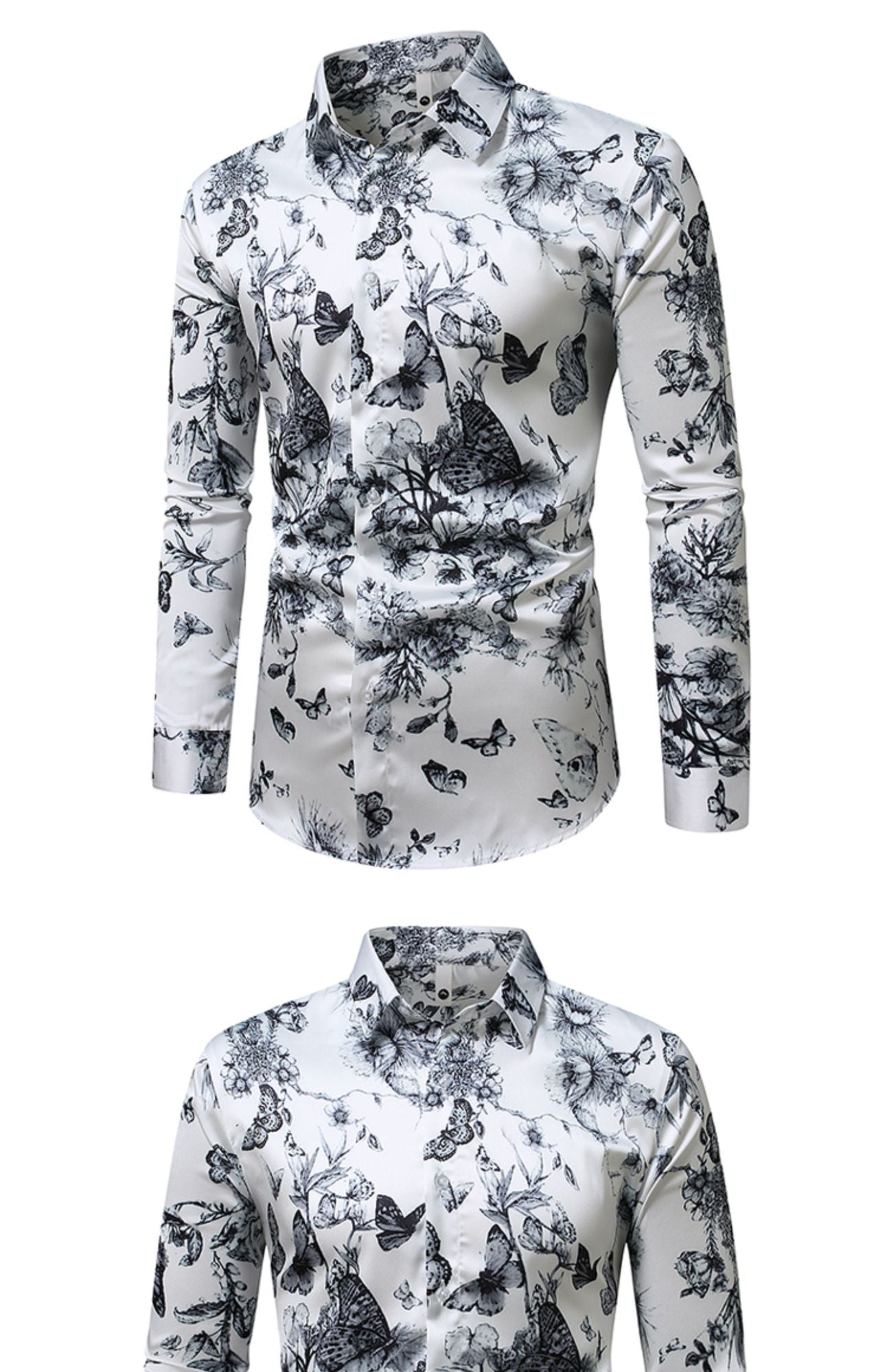 QJ CINGA Brand Men Leopard Print Long-sleeved Shirt, White Single-breasted Button-down Collar Printed Shirts, Asian Size M-6XL