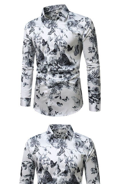 QJ CINGA Brand Men Leopard Print Long-sleeved Shirt, White Single-breasted Button-down Collar Printed Shirts, Asian Size M-6XL