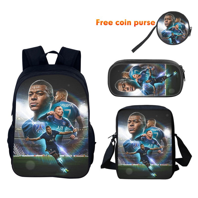 M-Mbappe Conjunto de 3 Peças Bolsa Escolar Mochila Esportiva de Futebol com Bolsas de Ombro Estojo para Canetas Mochila Escolar Jogador Estrela para Melhor Presente