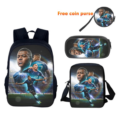 M-Mbappe Conjunto de 3 Peças Bolsa Escolar Mochila Esportiva de Futebol com Bolsas de Ombro Estojo para Canetas Mochila Escolar Jogador Estrela para Melhor Presente