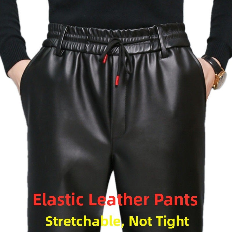 Men's Loose High-Waisted Fce-Lined Thiened Motorcycle Leather Pants Windproof Waterproof Busin Casual Long Trousers