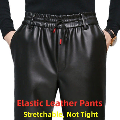 Men's Loose High-Waisted Fce-Lined Thiened Motorcycle Leather Pants Windproof Waterproof Busin Casual Long Trousers