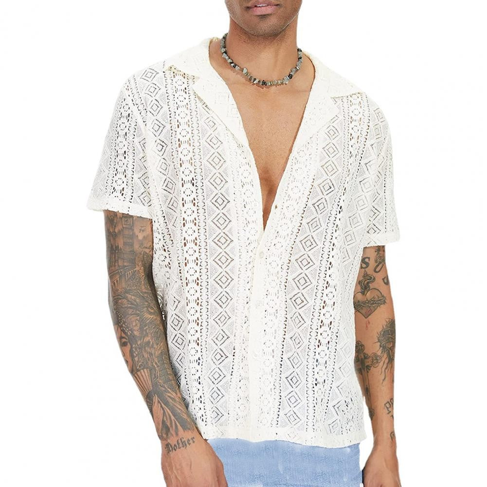 Stylish Men T-shirt Mid-length Solid Color Soft Breathable See-through Men Shirt  Men Shirt Daily Wear