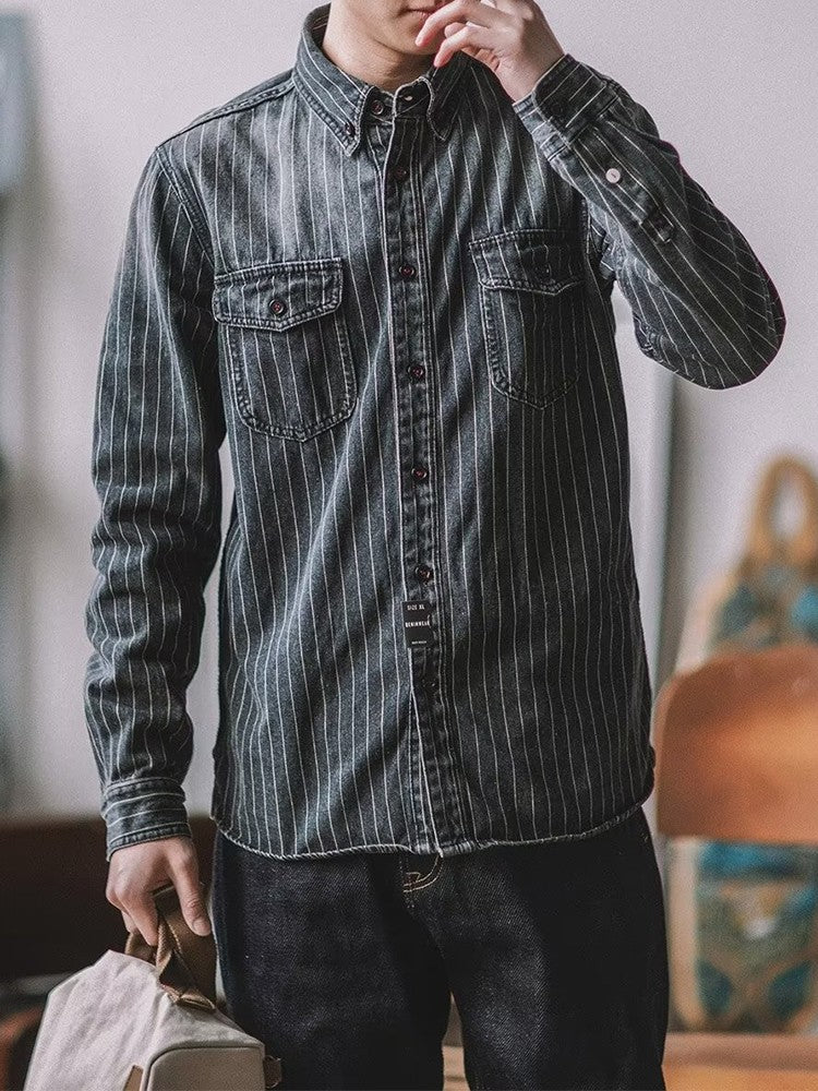 Streetwear Men's Denim Shirts Casual Long Sleeve Buttoned Lapel Striped Blouse Shirt for Men Spring Casual Cargo Shirt Tops