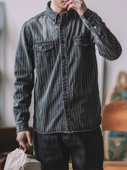 Streetwear Men's Denim Shirts Casual Long Sleeve Buttoned Lapel Striped Blouse Shirt for Men Spring Casual Cargo Shirt Tops