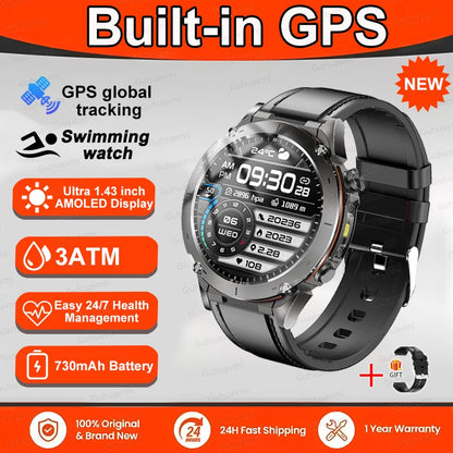 Novo T-Rex 3 GPS Smart Watch AMOLED de 1,43" à prova d'água 10ATM GNSS de banda dupla integrado Bússola Militar Esportivo Smartwatch Pulseira Masculina