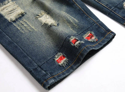 New Summer Vintage Washed Men Denim Shorts Casual Fashion Street Wear Ripped Hole Patches Distressed Male Straight Jeans Shorts
