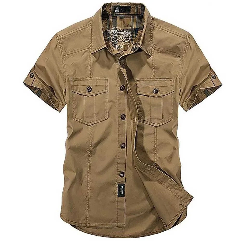 2024 Summer New Fashion Cotton Casual Shirts Men Loose Shirts Short Sleeve Turn-down Collar Military Style Male Tops