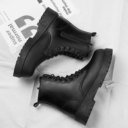 Botas casuais de casal, para quatro estações, masculinas e femininas, de cano alto, em couro, fashion, com sola grossa, antiderrapantes, plus size, para uso ao ar livre