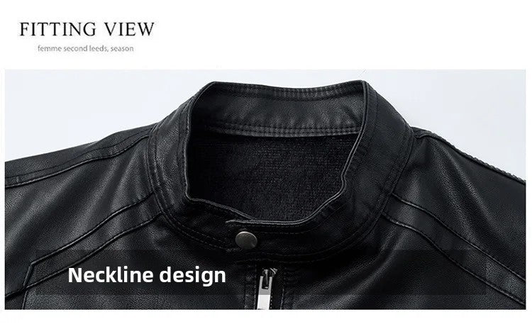 Men's Biker Leather Jacket Autumn Winter Thickened Fleece Casual Versatile Slim Fit Large Size PU Leather Coat