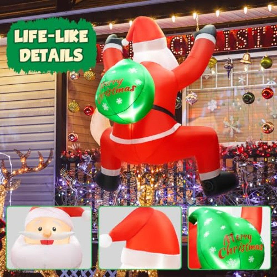 6FT Christmas Inflatable Decorations Hanging Santa Built-in Bright LEDs, Climbing Santa Claus with Gift Bag Christmas Roof Blow