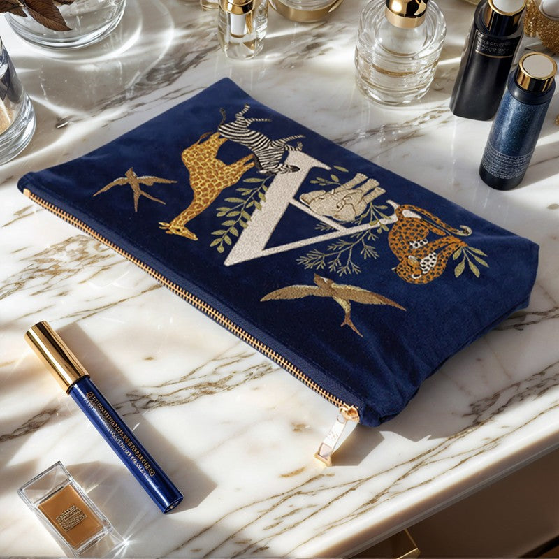 Velvet Clutch Makeup Bag Featuring Cute Animal Alphabet Print