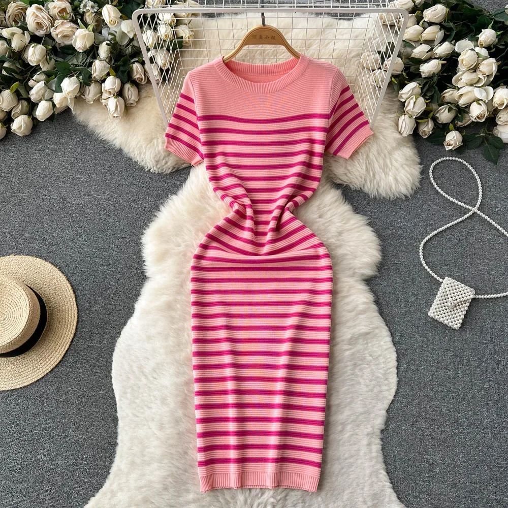 Summer Striped Beach Knitted Dress O Neck Short Sleeves Chic Hotsweet Slim Sundr