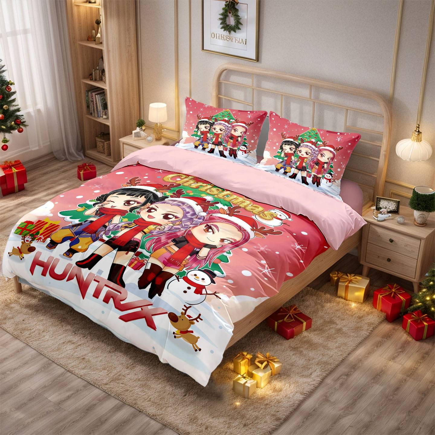 Conjunto de Colcha de Natal K-Pop Demon Hunters com Estampa Sem Lascas (3 Peças) para Quarto/Dormitório, Lavável à Máquina