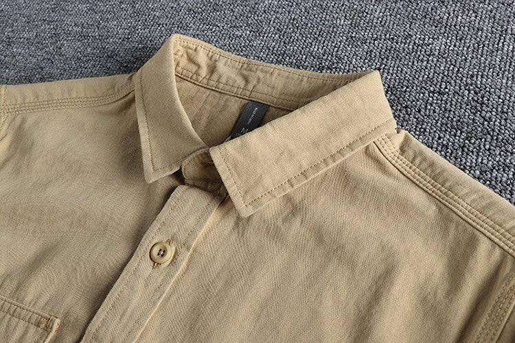 Men's British Simple Solid Color Long Sleeved Shirt Wash Woven Twill Cotton Versatile Ameikeji Fashion Male Cargo Work Shirt