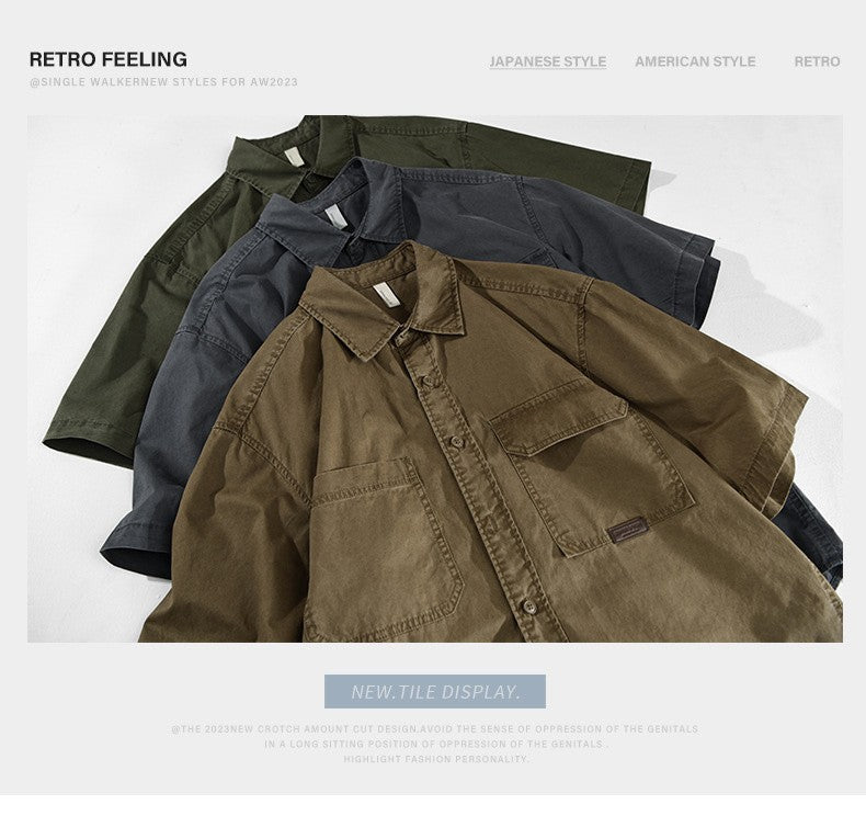 Summer Short Sleeve Cargo Shirts For Men American Work Attire Retro Absorbent Pure Cotton Shirt Double Chest Pockets