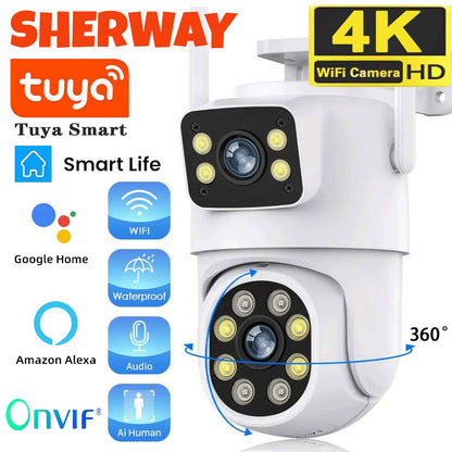 Câmera WIFI PTZ de Lente Dupla Tuya 4K 8MP para Exterior com Tela Dupla Ai Detecção Humana Automática Segurança com Alexa Google