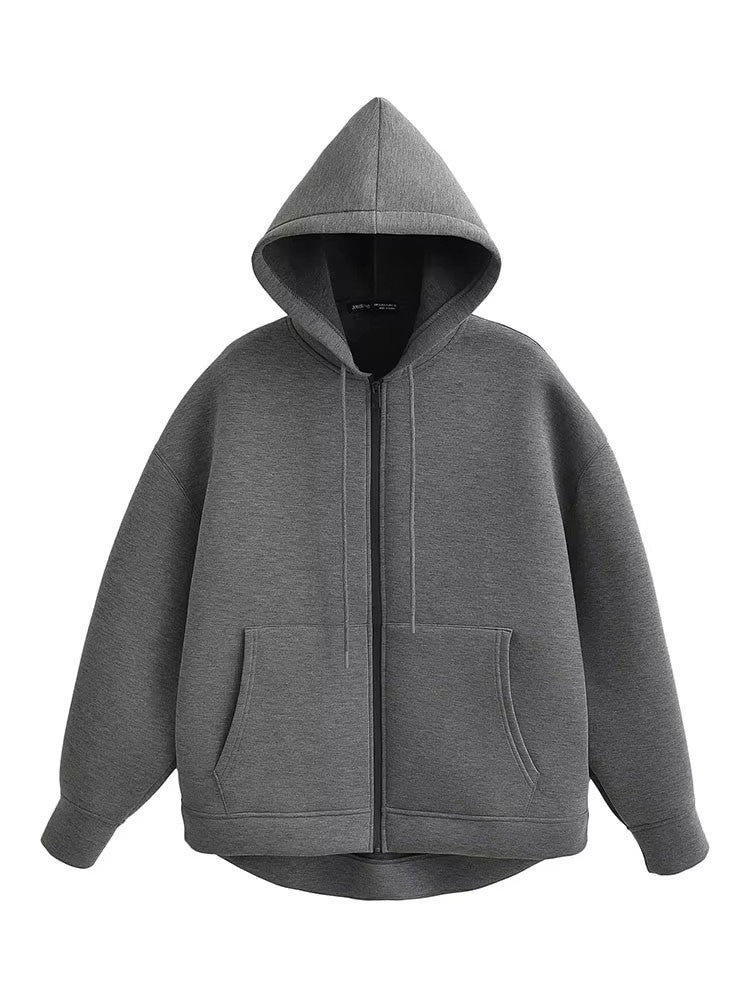 HH Autumn Women Gray Jacket With Hood Long Sleeve Big Pocket Zipper Jacket Coat Woman Loose Casual Outerwear Coat Tops