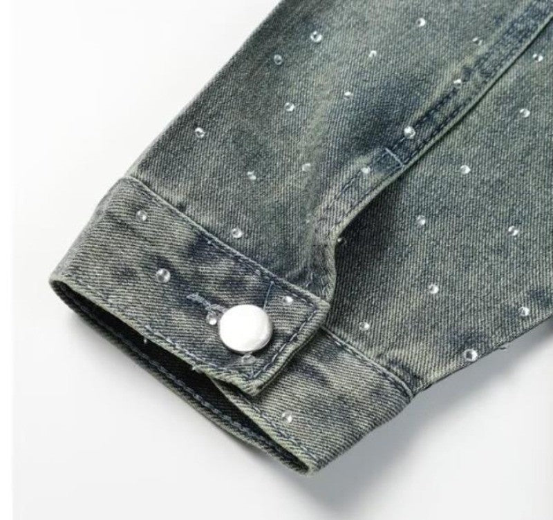 American Trendy Denim Jacket Mens Make Old Flash Diamond Fashion Outwear Spring Single-breasted Street Couple Cowboy Coats