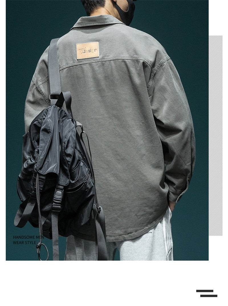 Autumn Men's Long Sleeve Cargo Shirt Casual Korean Fashion Oversize Blouses Hombre 2025 New High Street Y2K T Shirt Baggy Jacket