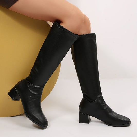 Winter Women Knee High Boots Cosy Soft Leather Thick Heel Shoes Female Vintage Slim Long Booties Zapatos De Muje