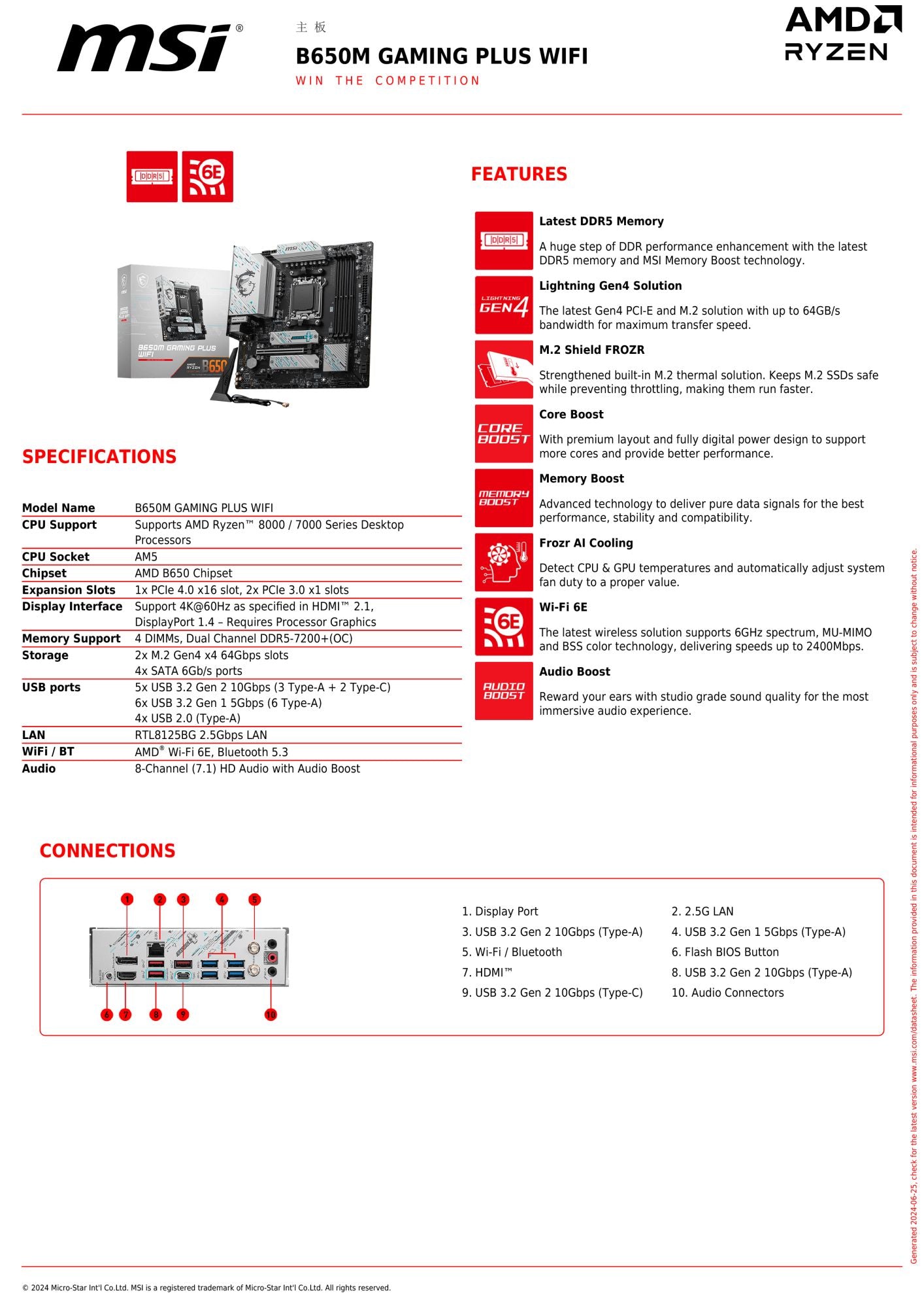 MSI B650M GAMING PLUS WIFI AMD B650 Suporta DDR5 7200+MHz (OC) 192GB Placa-mãe AMD Ryzen ™ Série 7000 8000 Socket AM5