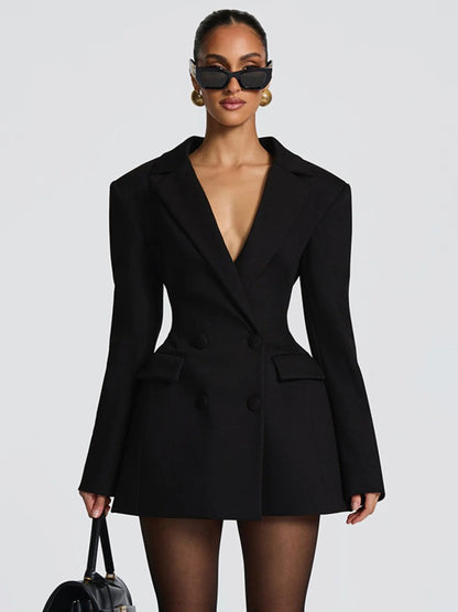 Mozision Deep V Neck Long Sleeve Sexy Mini Blazer Dress Women Elegant Double-breasted High Waist Club Party Blazers Dress