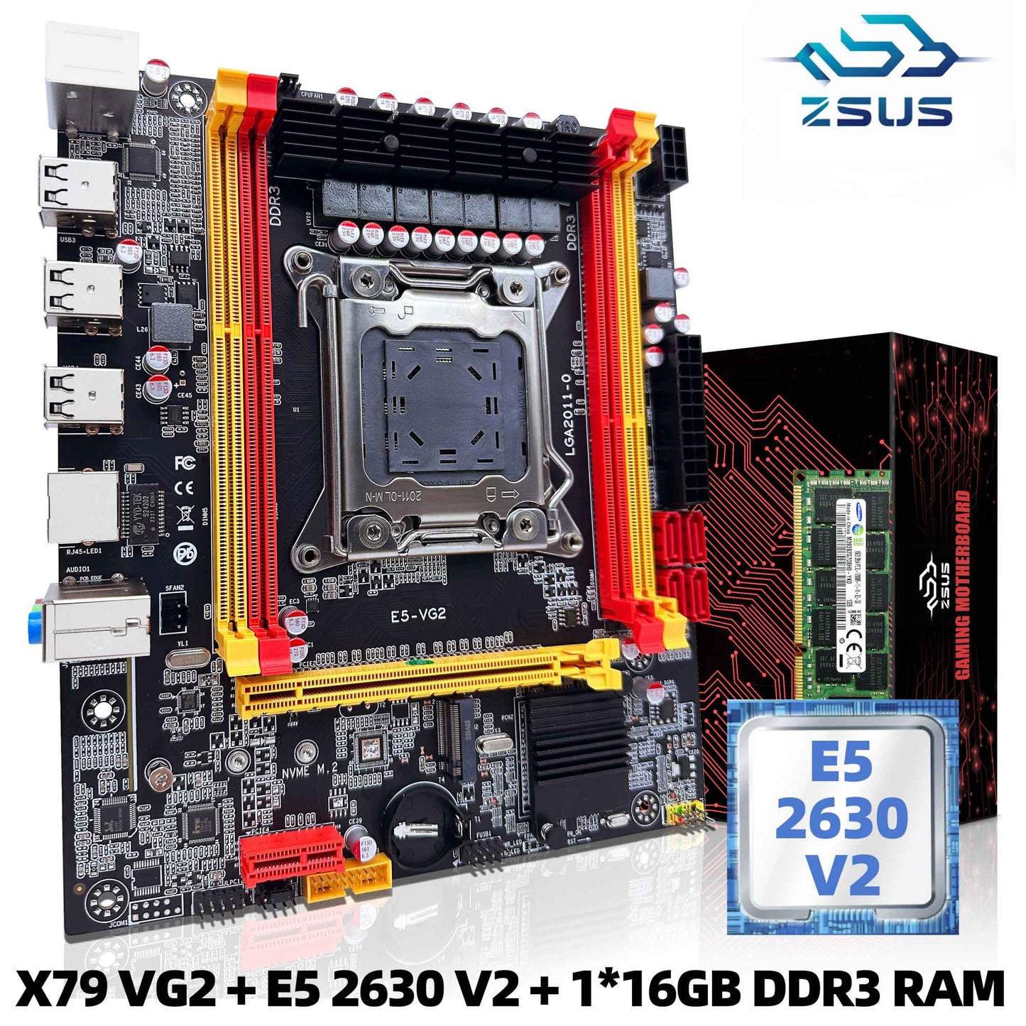 Conjunto de Placa-Mãe ZSUS X79 VG2 com Processador Intel LGA2011 Xeon E5 2630 V2 Memória RAM DDR3 1*16GB 1600MHZ ECC NVME M.2 SATA