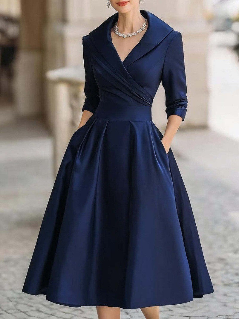 Elegant Wedding Guest Dress Women Turndown Collar Mid-Length Waisted A-Line Satin Evening Dress Cocktail Party Midi Dresses