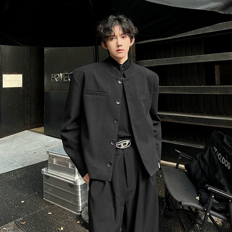 Wine Red Blazers Men Suit Jackets Casual Stand Collar Solid Color Male Short Coats Korean Trendy Men's Clothing Autumn New