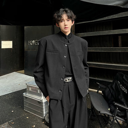 Wine Red Blazers Men Suit Jackets Casual Stand Collar Solid Color Male Short Coats Korean Trendy Men's Clothing Autumn New