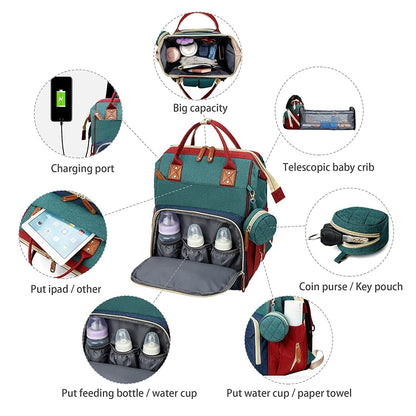 Mochila-berço 3 em 1 dobrável à prova d'água com USB para viagem e para troca de fraldas 3 tipos