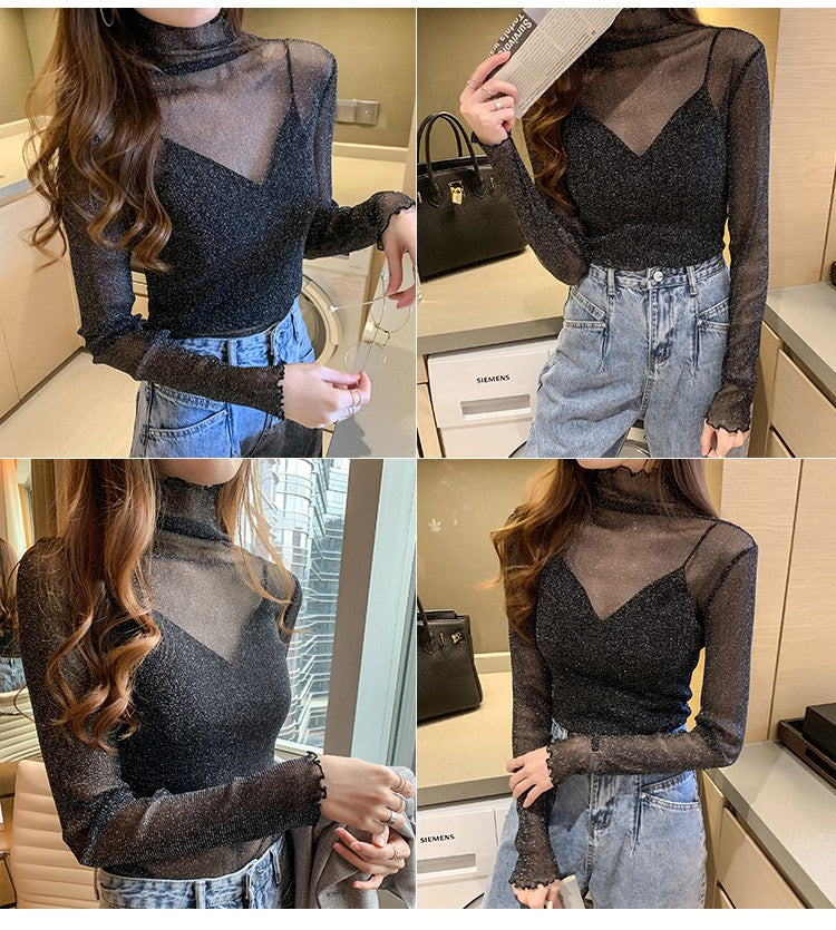 Spring Summer Women's Sexy See Through Mesh Blouse Long Sleeve Transparent Shining Elegant Shirt Fashion Women Tops 2025