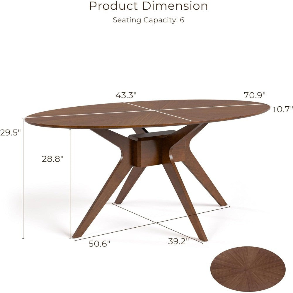 Mid-Century Modern Alara Solid Wood 54 Oval Dining Table, Seats 6, Easy Assembly, Suitable for Home and Kitchen